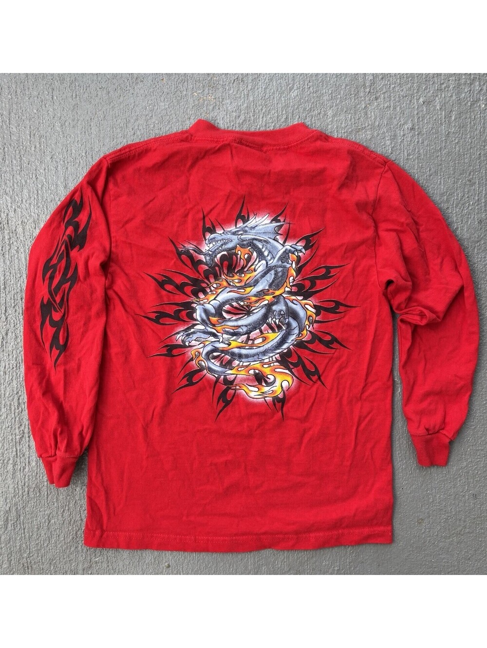 Vintage Y2K Dragon Flame Long Sleeve Graphic Shirt 2000s YOUTH Medium 7Y